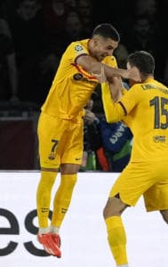 FC Barcelona players celebrate vs PSG in first leg of champions league quarterfinal clash at Parc des Princes