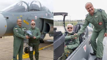 Air Chief Marshal VR Chaudhari, with Prime Minister Modi seated in a twin-seater variant of LCA Tejas.