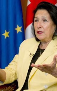 Georgian President Salome Zourabichvili gestures while speaking during an interview with The Associated Press, in Tbilisi, Georgia, May 16, 2024. 