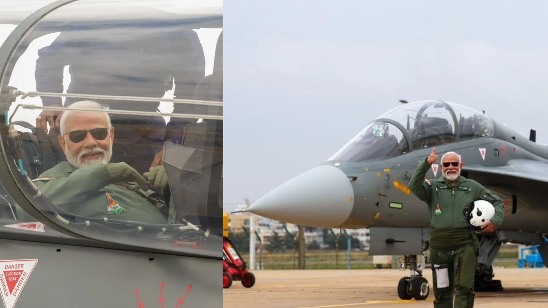 Prime Minister Modi is at HAL's Bengaluru complex with a twin-seater training variant of Tejas in the backdrop.