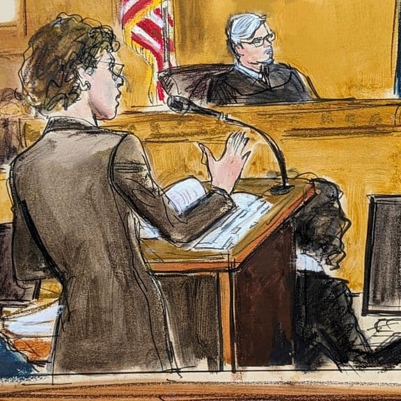 A court sketch of Stormy Daniels been cross-questioned by defence lawyers. 