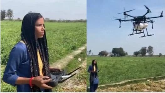 Drone Didi Sunita flying drone in her field 