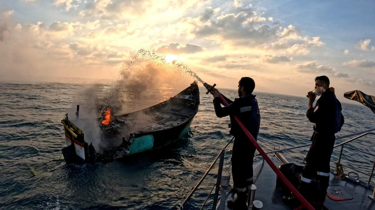 The Indian Navy ship T 38, in collaboration with the Offshore Support Vessel MV Erin, successfully extinguished a fire onboard the Fishing Vessel S Nookaraju 