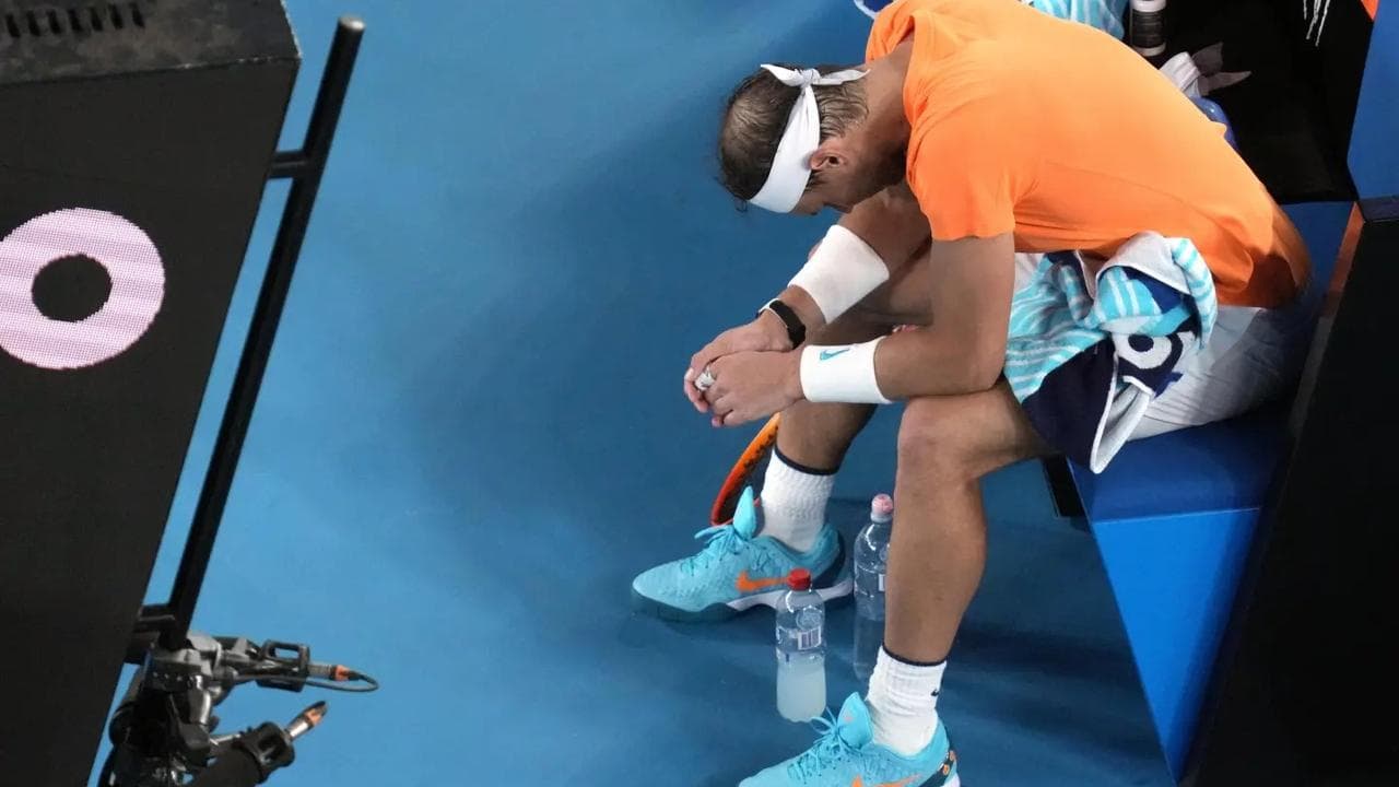 Rafael Nadal reacts during a match at the Australian Open