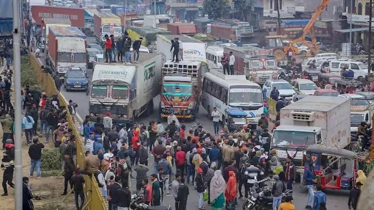 Truck drivers blocked the Agra-Delhi National Highway during a protest against new hit and run law