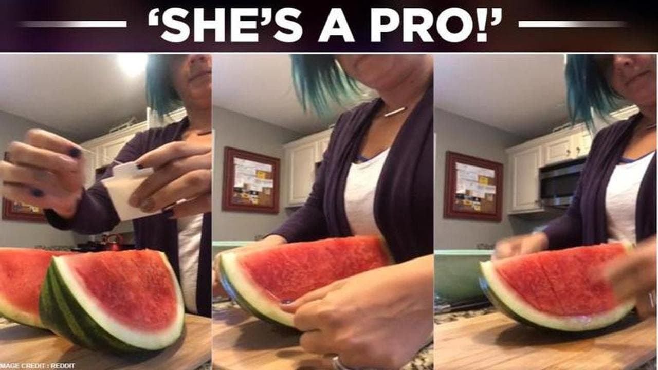 Woman slices watermelon without using a knife, leaves netizens amazed. Watch