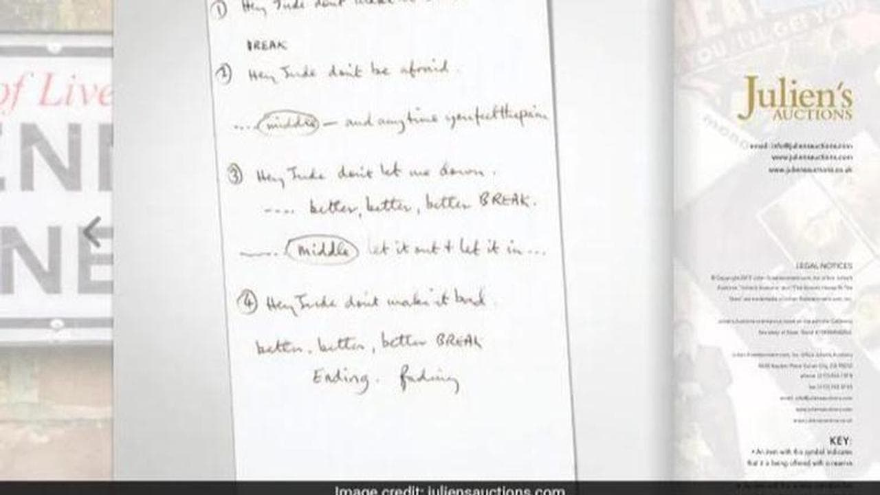 Paul McCartney's handwritten lyrics of 'Hey Jude' sold for $910,000