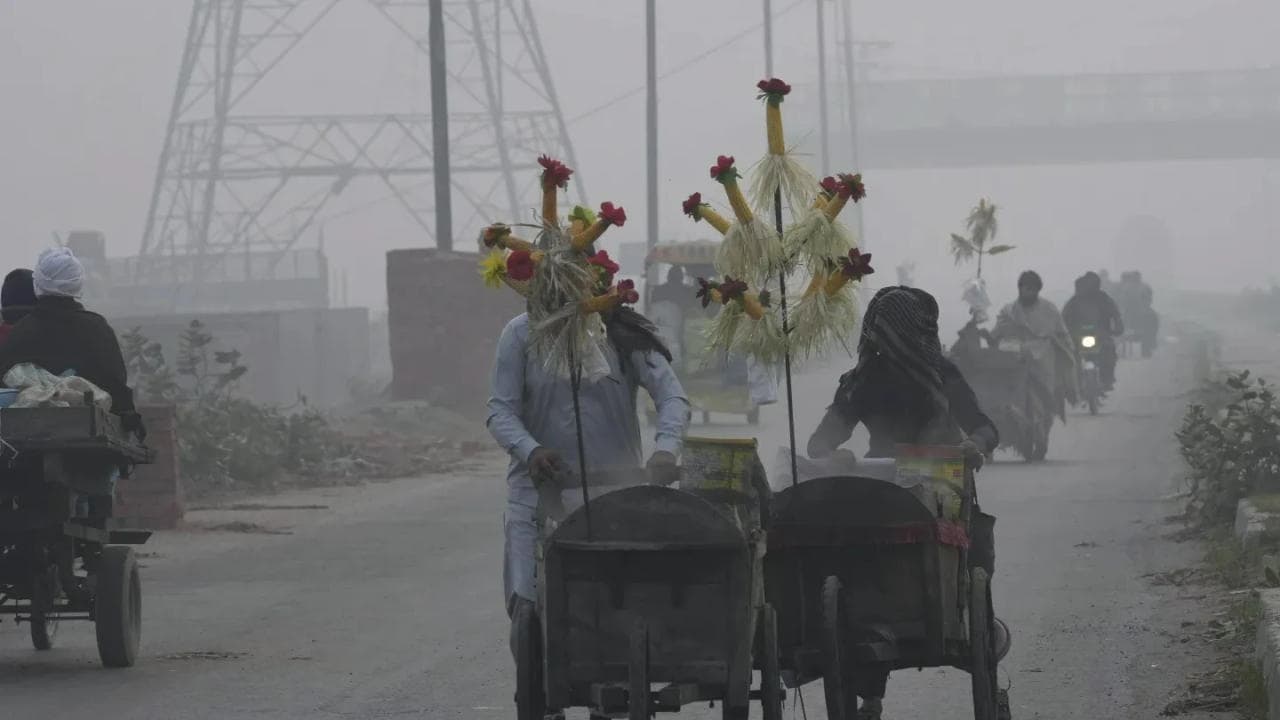 Corn sellers push their hand-carts as smog envelops the areas of Lahore, Pakistan