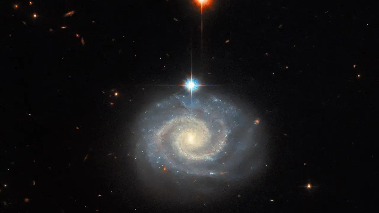 NASA Hubble Space Telescope image features a bright spiral galaxy known as MCG-01-24-014.