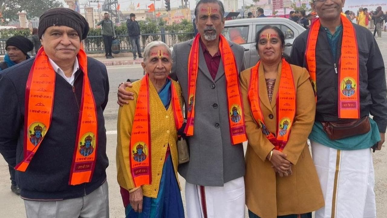 Zoho CEO Sridhar Vembu with his family and R Sundaram-ji, National Convener of SJM, in Ayodhya a day before the Ram Mandir Pran Pratishtha