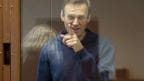 Russian opposition leader Alexei Navalny gestures during a court hearing in Moscow