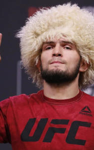 Khabib Nurmagomedov poses during a ceremonial weigh-in for the UFC 229 mixed martial arts fight, in Las Vegas, Nevada, U.S., Oct. 5, 2018.
