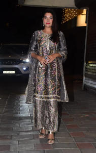 Pooja Gor looked pretty in a silver suit featuring floral embroidery.