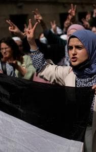 Pro-Palestine protestors gathered outside the La Sorbonne University in Paris on Monday. 