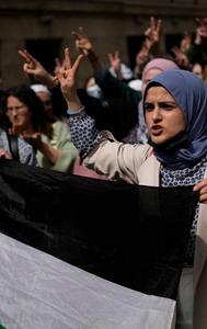 Pro-Palestine protestors gathered outside the La Sorbonne University in Paris on Monday. 