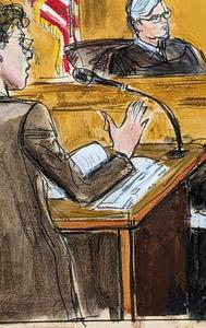 A court sketch of Stormy Daniels been cross-questioned by defence lawyers. 