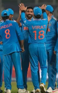 Team India celebrate after a wicket during IND vs SA CWC 2023 match