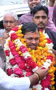 Barabanki MP Upendra Singh Rawat garlanded by his supporters after BJP declares him its candidate for the upcoming Lok Sabha polls 