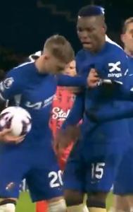 Chelsea players fight for penalty
