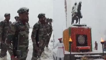 Indian Army Soldiers in Jammu and Kashmir mark Shiv Jayanti at the Chhatrapati Shivaji Maharaj Statue in Jammu and Kashmir.
