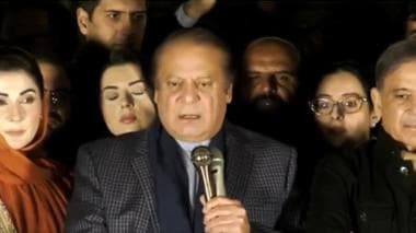 Former Prime Minister of Pakistan Nawaz Sharif addresses his supporters in Lahore